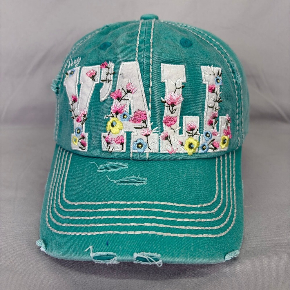 KBETHOS Baseball Cap Hey Y'ALL Women OS Teal Distressed Floral Hat